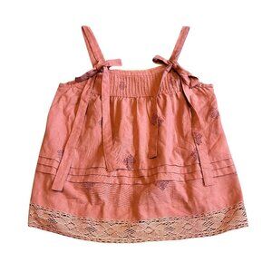 Kopal Block Print Bohemian Tank Top Shirt Blouse Bows Lace Trim Size Large NWT